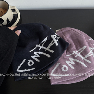 BACKNOW字母提花冷帽大头围针织帽子女冬季情侣保暖毛线帽显脸小