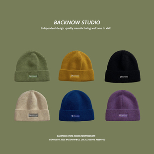 加厚毛线帽女米色情侣黑色秋冬美式冷帽复古日系保暖圆顶针织帽男