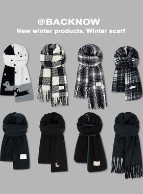 BACKNOW黑色围巾冬季新款百搭女韩版简约情侣街头日系保暖围脖男