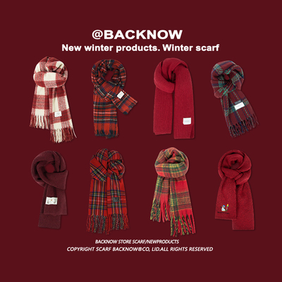 BACKNOW红色围巾韩版复古男女