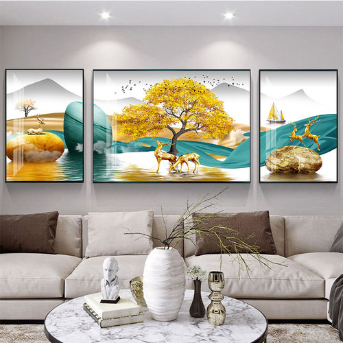 客厅装饰画沙发背景墙的壁画现代简约抽象晶瓷钻画大气三联画挂画