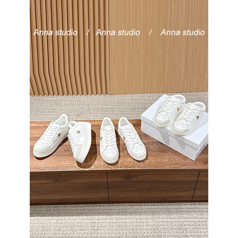 25新款真皮拼色五角星星平底半拖鞋女松糕厚底休闲运动板鞋小白鞋