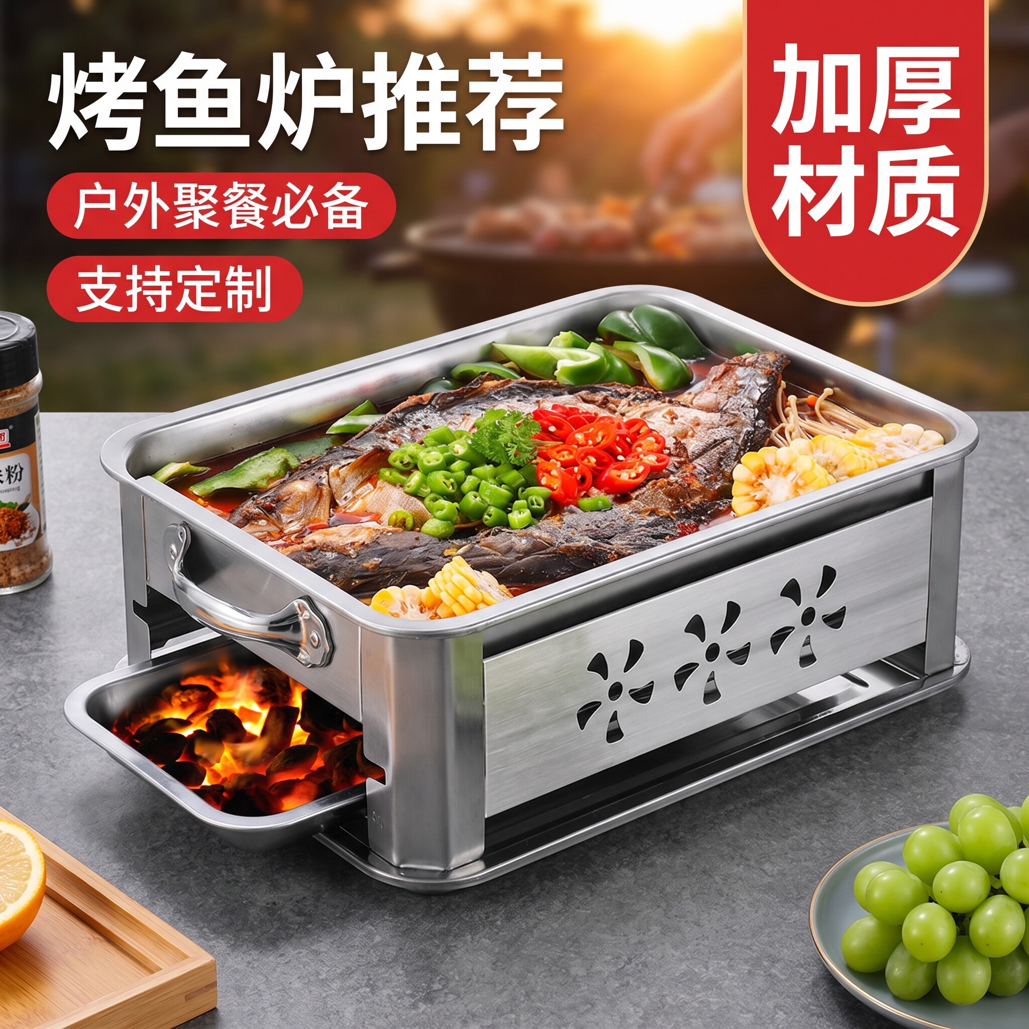 不锈钢加厚烧烤炉烤鱼炉图片