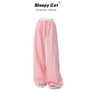 zxza 韩系少女粉色格子遛弯裤夏季撞色松紧腰高腰直筒休闲裤女潮