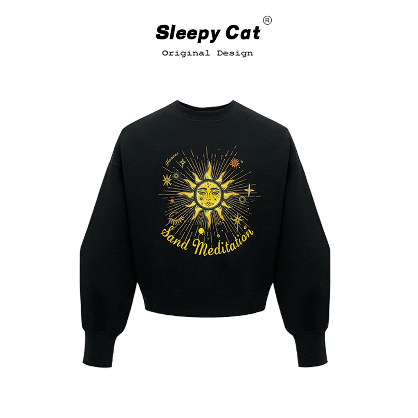 HONORE古月 美式复古太阳花图腾印花圆领短款秋慵懒百搭卫衣上衣