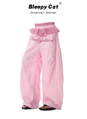 EAHO 粉色美式复古印花辣妹街舞弯刀裤女新款宽松设计感拼接裤潮