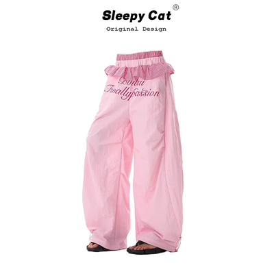 EAHO 粉色美式复古印花辣妹街舞弯刀裤女新款宽松设计感拼接裤潮