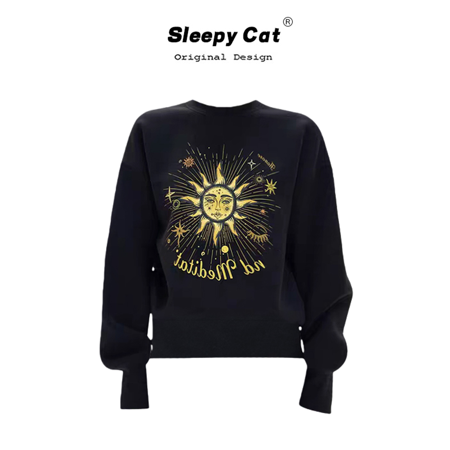 HONORE古月 韩系复古气质太阳印花黑色卫衣女秋冬慵懒高级感上衣