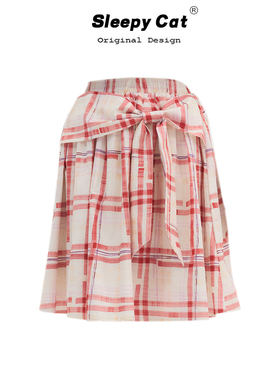 AMWEIRD 韩系红白格纹蝴蝶结系带打褶半身裙夏高腰显瘦百搭a字裙