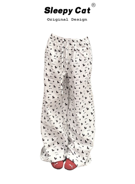 HEYABC 美式复古小狗印花休闲裤女夏季显瘦宽松慵懒风直筒阔腿裤