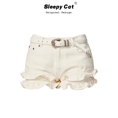 Sleepy cat瞌睡猫 白色木耳边拼接牛仔短裤女夏直筒休闲阔腿热裤