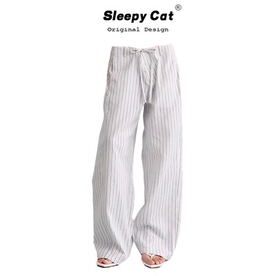 美式复古条纹蓝白抽绳香蕉裤女夏季薄款设计感显瘦百搭直筒休闲裤