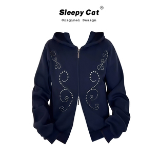 local aliens外星沙龙美式复古重工铆钉短外套休闲宽松拉链卫衣潮