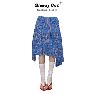 LOALA OFFICE 美学不规则层次感衬衫式系带设计感宽松格纹半裙女