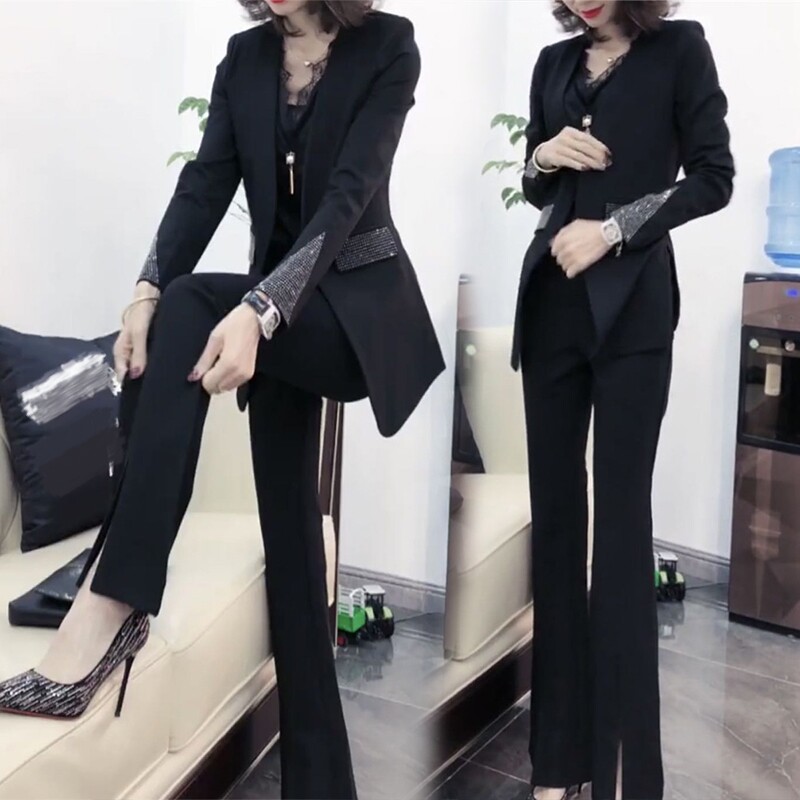 重工钻套装女春秋新款两件套开叉微喇裤韩版无领网红