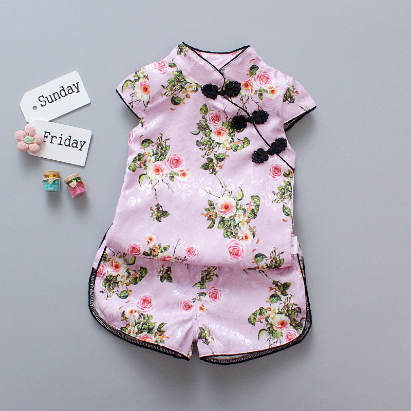 BB46沐雨母婴中小童女宝缎面短袖旗袍套装全紫中式可开裆潮童服饰