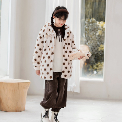 女童毛毛衣棉服秋冬韩版儿童中长款加厚棉袄外套童装洋气连帽大衣