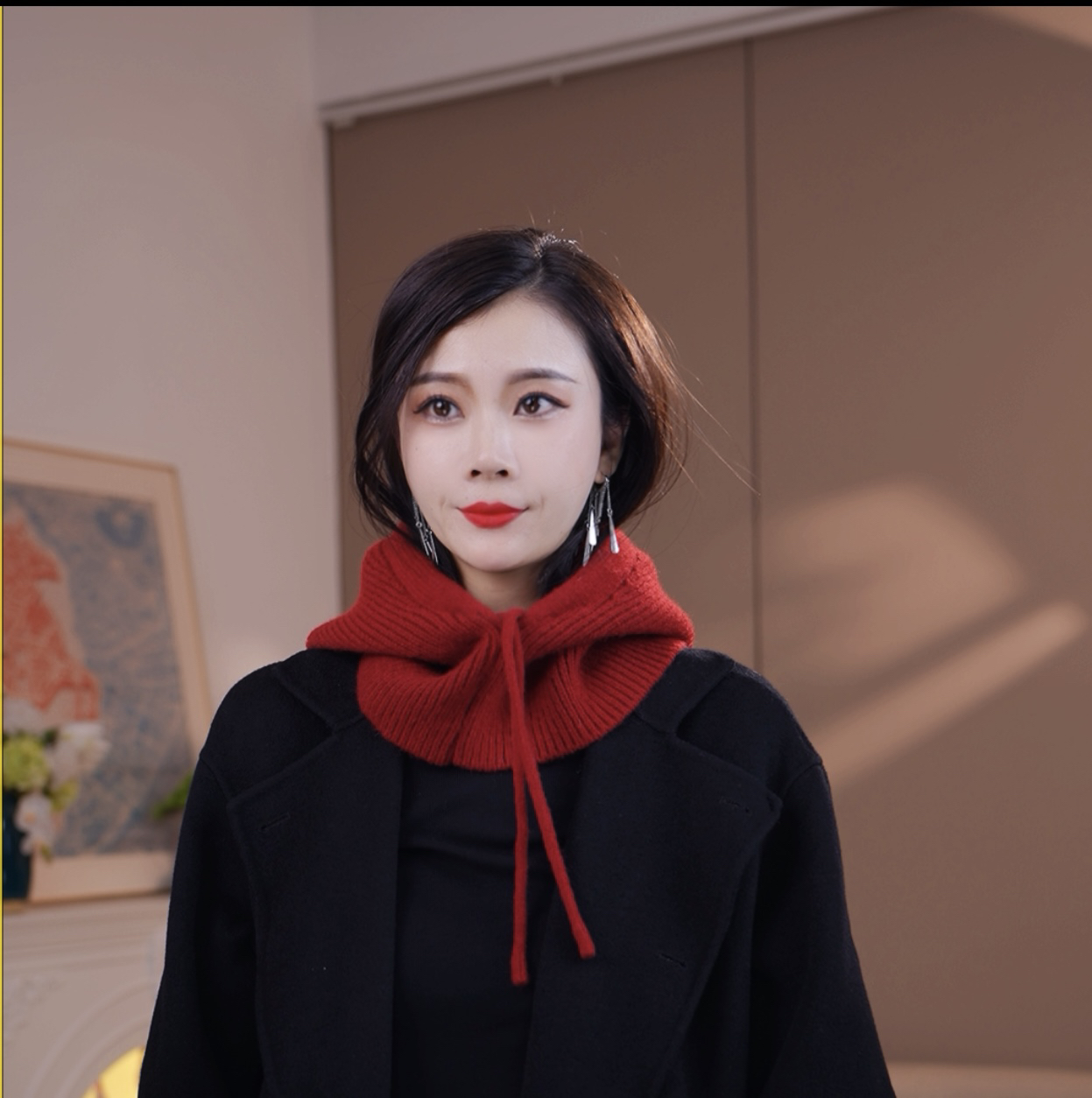 纯色羊毛帽子围巾一体护耳抽绳女秋冬季保暖围脖针织毛线氛围帽