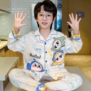 A类纯棉睡衣男大童卡通蛋仔长袖春秋季小男孩宝宝开衫家居服套装