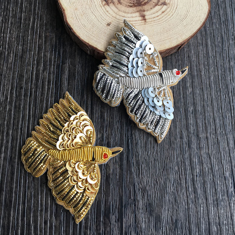 手工缝制布贴环保时尚diy特价促销金鹧鸪图案印度丝胸针