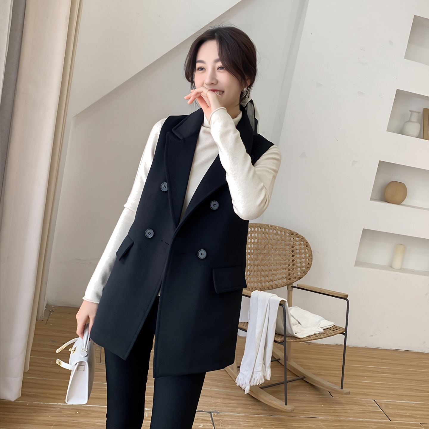 马甲背心秋冬季黑色百搭呢子马甲