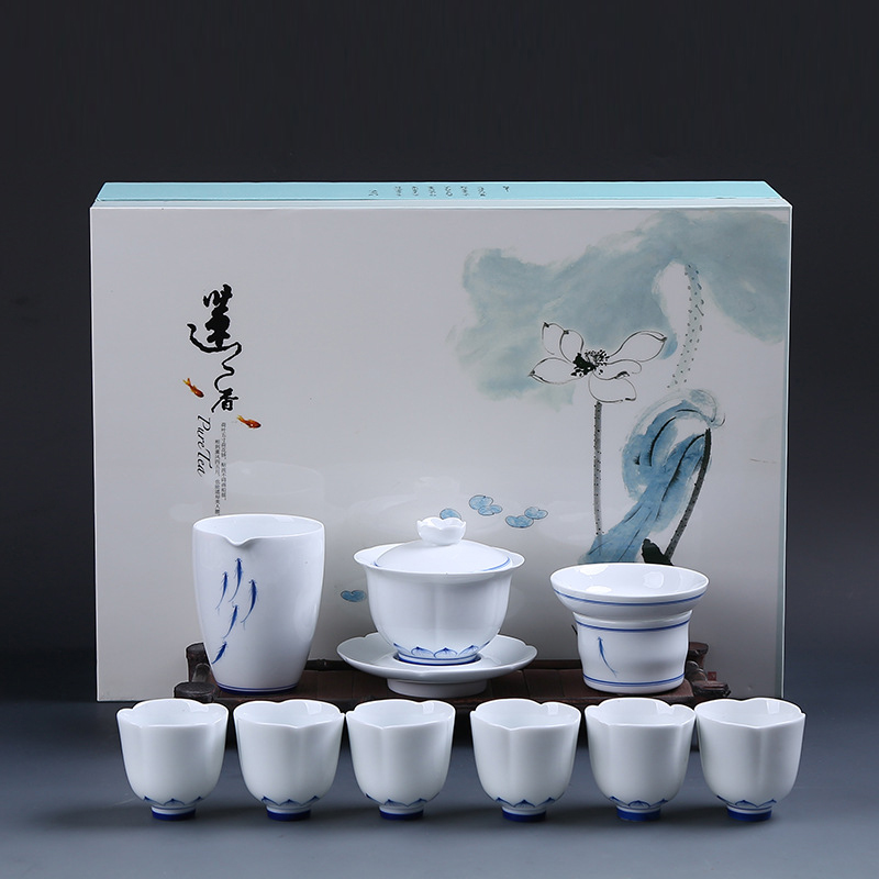 手绘莲花青花白瓷盖碗茶杯公杯功夫茶具套装陶瓷整套茶具礼盒装