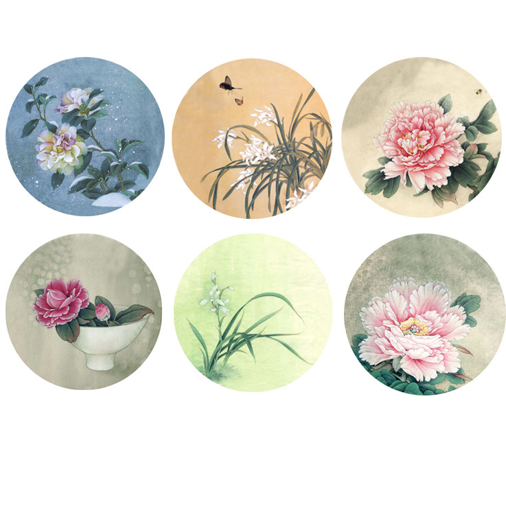 工笔画圆形茶花牡丹兰花团扇6幅初学者线描稿白描底稿实物打印稿