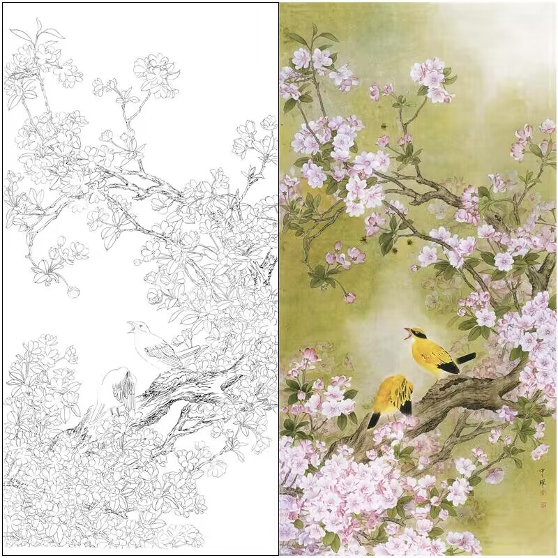高清工笔画国画花鸟樱花黄鹂鸟底稿竖幅初学者临摹透稿打印稿281x