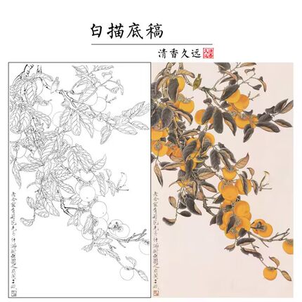 高清工笔画白描底稿国画于非闇花鸟柿子事事如意丹柿实物打印X735
