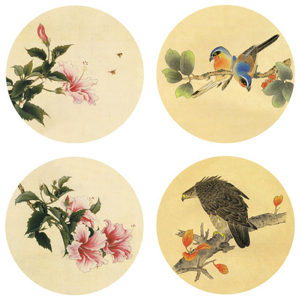 工笔画圆形花鸟团扇4幅初学者线描稿白描底稿勾线实物打印稿YY06