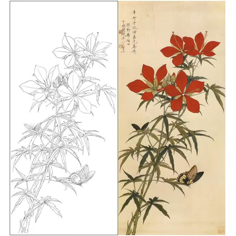 工笔打印白描底稿于非闇竖幅花卉秋葵实物透稿初学者临摹勾线x305