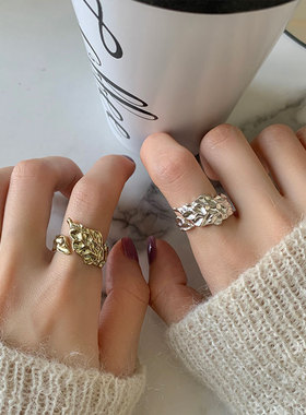 韩国东大门925纯银凹凸面羽毛戒指ins小众不规则时尚轻奢气质指环