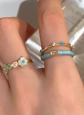 冰川薄荷超显白贝母珐琅蓝色戒指女小众设计食指戒轻奢感指环