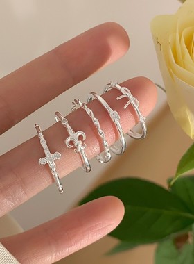 韩版锆石十字架鸢尾花戒指女小众设计百搭开口食指戒叠戴个性配饰