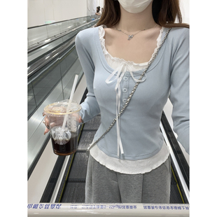 撞色拼接纯欲甜美假两件设计长袖 学院风学院风早春韩版 内搭T恤上