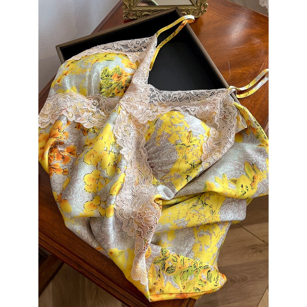 金三塔黄色真丝性感睡衣女夏蕾丝吊带睡裙高级感100%桑蚕丝家居服