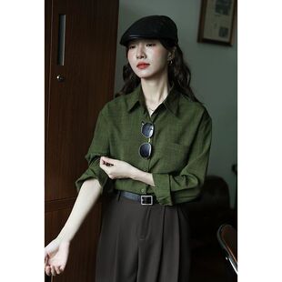 快时尚绿色设计感内搭宽松复古港味长袖衬衫女显瘦秋衬衣上衣