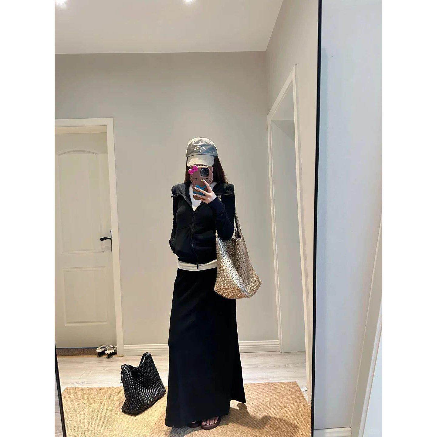 高知穿搭一整套秋季套装女黑色运动卫衣外套裙子韩系穿搭