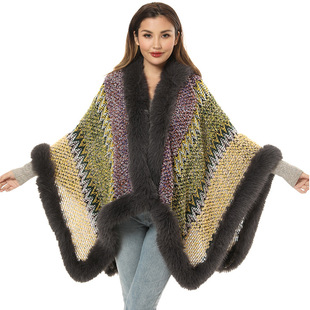 Women's fur knitted shawl warm fox fur thickened cape split