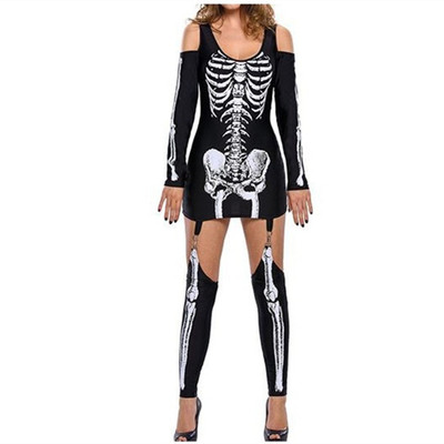 Makeup Ball Skull Skeleton Print Sexy Off Shoulder Hallowee
