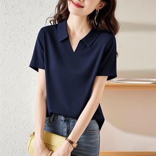 翻领纯棉t恤女装 短袖 新款 2025夏季 上衣休闲纯色显瘦T恤 polo衫 半袖