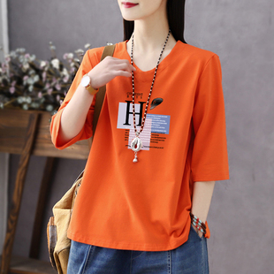 纯棉T恤2025夏季新款鸡心领t恤宽松大码胖mm印花七分袖上衣学生