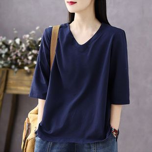 减龄宽松大码 纯棉短袖 时尚 T恤女2025夏季 正肩印花V领体恤上衣 新款