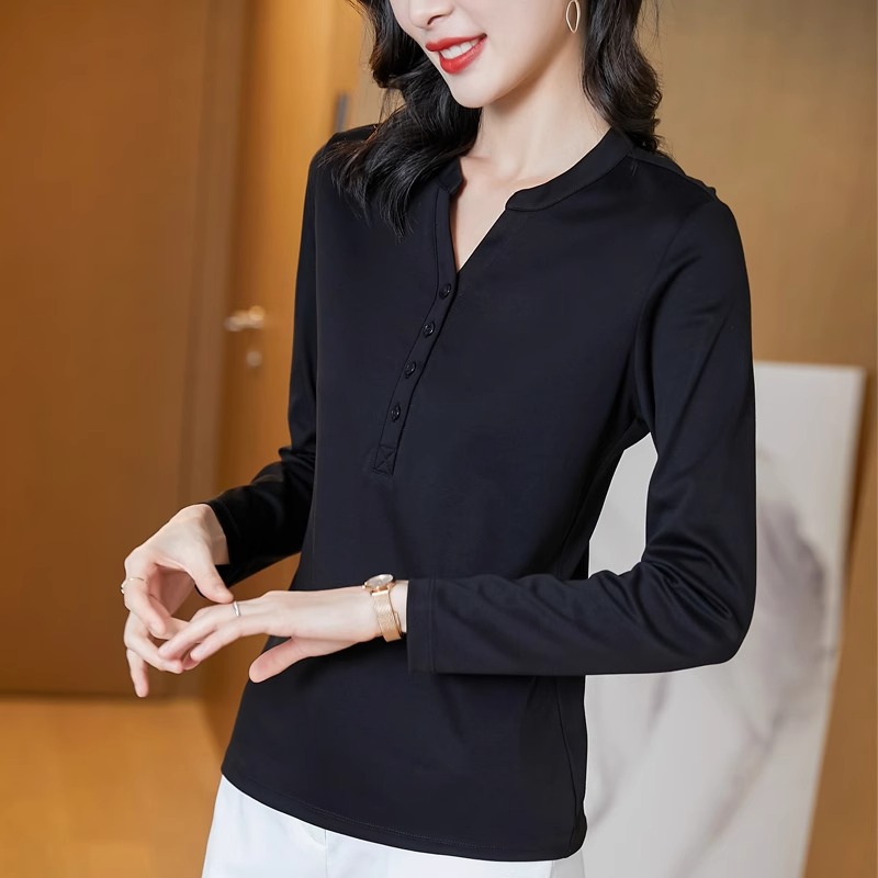 纯棉长袖T恤女韩版宽松大码女装2025春秋新款v领上衣体恤衫女潮