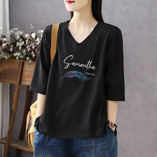 七分袖t恤女2025夏装新款中袖韩版百搭外穿宽松显瘦纯棉t血上衣潮