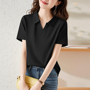 polo衫 大码 女装 修身 正肩翻领t恤纯棉休闲体恤上衣 2025夏新款 短袖