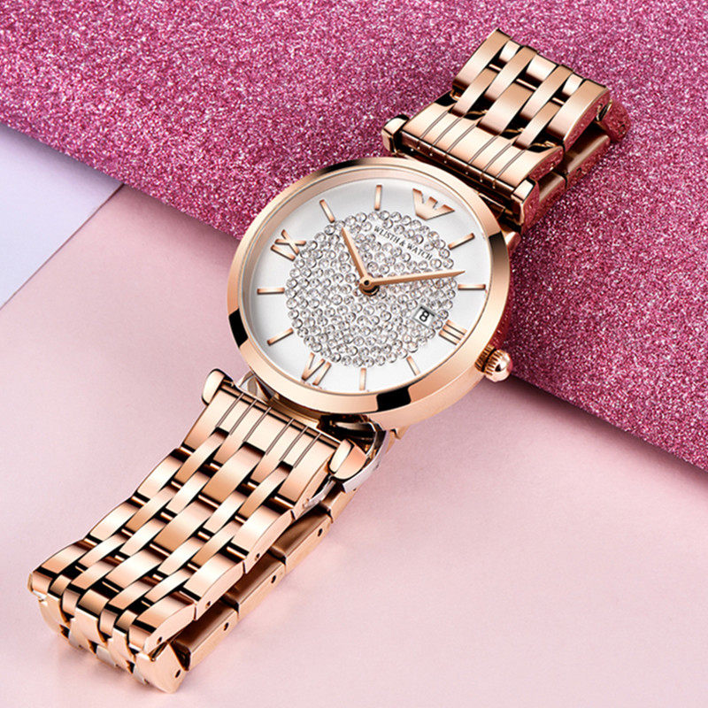 十大品牌女表日历蝴蝶扣钢带防水轻奢小众女士手表满天星镶钻腕表