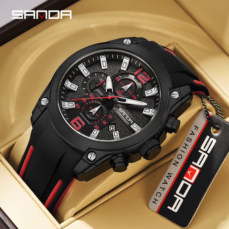 三达霸气三眼六针机械风男士手表