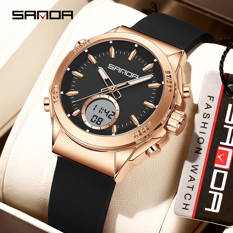 SANDA新款双显手表三针电子屏夜