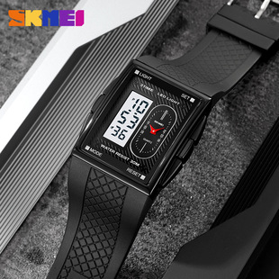 时刻美双显三时间手表男士 简约多功能学生男表方形防水电子表 时尚